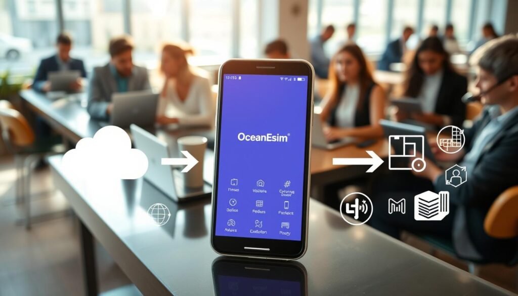 A modern smartphone displaying the OceanEsim application interface in a close-up view, surrounded by elements representing data transfer: a cloud symbol, arrows indicating movement, and icons for various mobile services. The setting is a bright, airy coffee shop with sunlight streaming through large windows, creating a warm and inviting atmosphere. In the background, a diverse group of professionals dressed in business attire is engaged in productive discussions over their laptops, reflecting a tech-savvy environment. The scene is captured with a soft-focus lens effect to enhance the foreground details of the smartphone, while maintaining a blurred context of the busy coffee shop behind. The overall mood is efficient and modern, emphasizing the ease of switching mobile data plans.