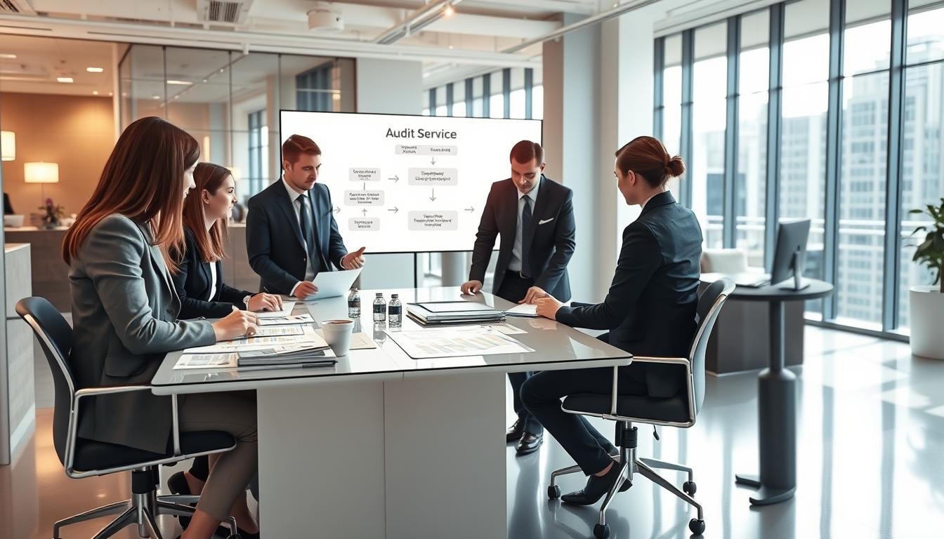 A professional accounting company’s audit service process depicted in a clean, modern office setting. In the foreground, a diverse group of professionals in business attire collaborates around a sleek conference table filled with charts and documents, analyzing financial data. In the middle ground, a large digital screen displays a flowchart illustrating the audit service steps visually, with arrows connecting key elements. The background features contemporary office decor, with natural light streaming through large windows, creating a bright and productive atmosphere. The mood is focused and professional, emphasizing teamwork and diligence in compliance management. Use soft lighting to enhance a welcoming yet serious ambiance, with a slight depth of field to draw attention to the team and the screen.
