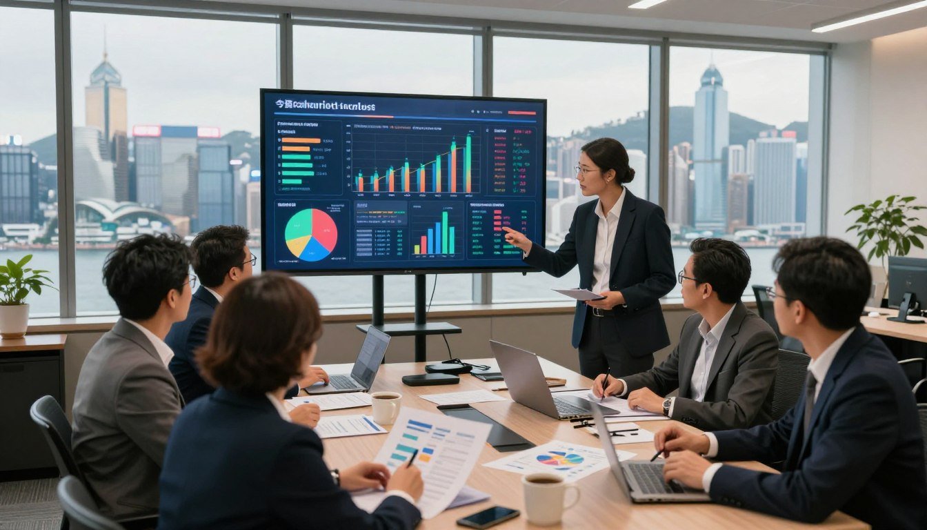 A professional market analysis scene set in Hong Kong, featuring a sleek modern office environment. In the foreground, a diverse team of professionals in smart business attire is engaged in a brainstorming session, analyzing charts and graphs related to condom market demand. The middle ground showcases a large screen displaying colorful, informative data visualizations and demographics about condom usage. The background reveals a panoramic view of Hong Kong's skyline, emphasizing the city's vibrancy and economic activity. Soft, natural lighting pours through large windows, creating a warm and inviting atmosphere. The composition should evoke a sense of collaboration, urgency, and insight, capturing the essence of market analysis in a cosmopolitan setting. 4:3 aspect ratio.