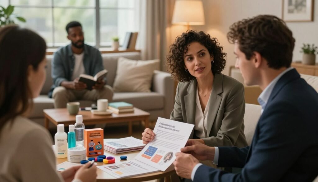 A cozy and intimate setting featuring diverse couples engaged in a respectful and educational discussion about relationship enhancement through various products. In the foreground, a couple in professional attire examines a selection of thoughtfully arranged educational materials and products, emphasizing connection and understanding. The middle ground showcases a comfortable living space with soft, warm lighting that creates a welcoming atmosphere, filled with books and decorative items promoting healthy relationships. In the background, a large window allows for natural light to filter in, highlighting the scene's warmth. This image evokes a cinematic vibe, illustrating the collaborative and positive aspect of utilizing relationship tools in education. Aspect ratio 4:3.