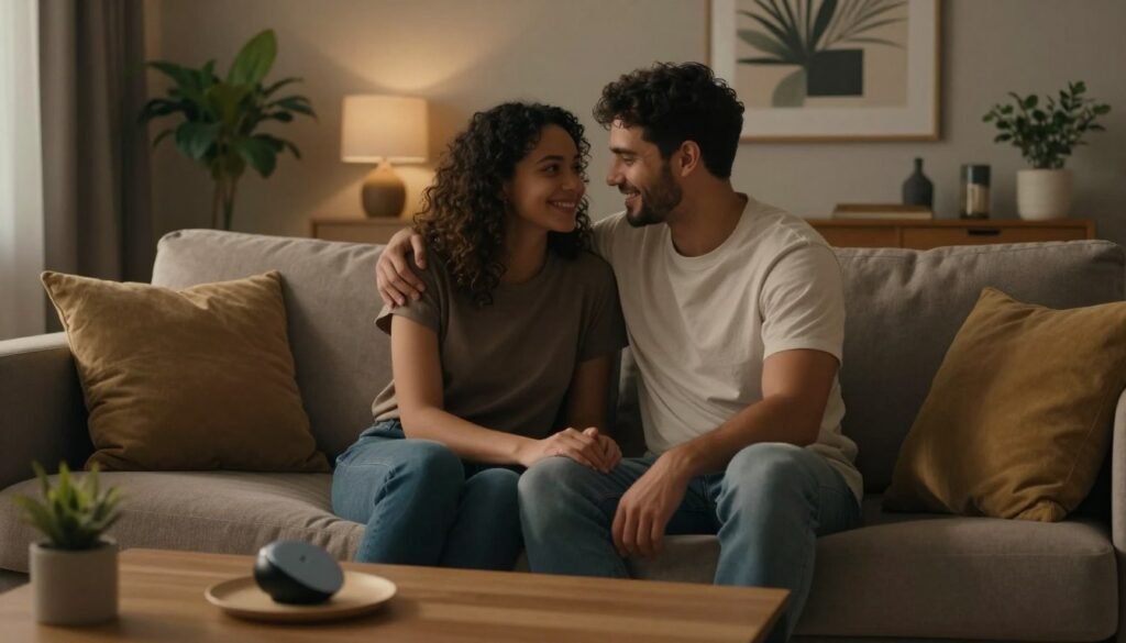 A cozy, intimate scene depicting a modern, stylish living room where a couple is sitting closely on a comfortable sofa, both dressed in modest casual clothing. The warm lighting creates a cinematic atmosphere, enhancing the feelings of connection and emotional health. On a coffee table in front of them, a sleek, elegant object representing emotional support is subtly introduced, symbolizing the positive impact of companionship and personal well-being. The background features soft, inviting decor, like plants and art that reflect a nurturing environment. The camera angle captures the warmth between them, highlighting smiles and relaxed body language, conveying a deep sense of emotional health and connection. The composition is framed in a 4:3 aspect ratio, emphasizing the intimacy of the moment.