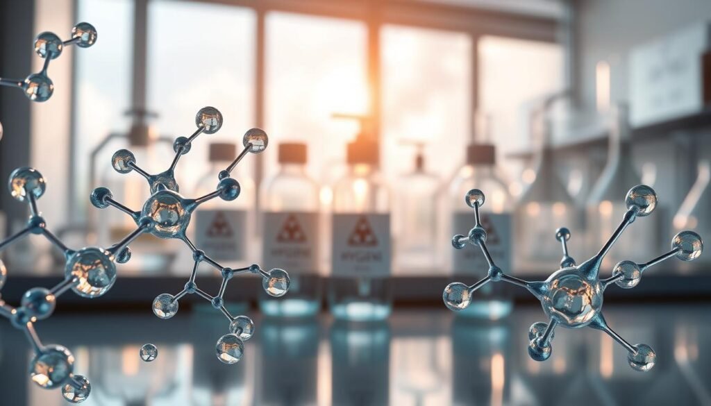 A detailed illustration of the chemical composition of water-based lubricants, emphasizing their hydrophilic properties. In the foreground, display intricate molecular structures with highlighted chemical bonds, showcasing water molecules in a dynamic arrangement. The middle ground should feature a soft-focus depiction of lubricant containers labeled with symbols of safety and hygiene. The background can depict a serene laboratory setting with scientific equipment and glassware reflecting soft, natural light coming from a nearby window, creating a calm, professional atmosphere. Use bright yet soft lighting to enhance clarity and detail, capturing the vibrant, clear textures of the lubricant. The overall mood should evoke cleanliness and professionalism, suitable for an article on compatibility and safety in product selection.