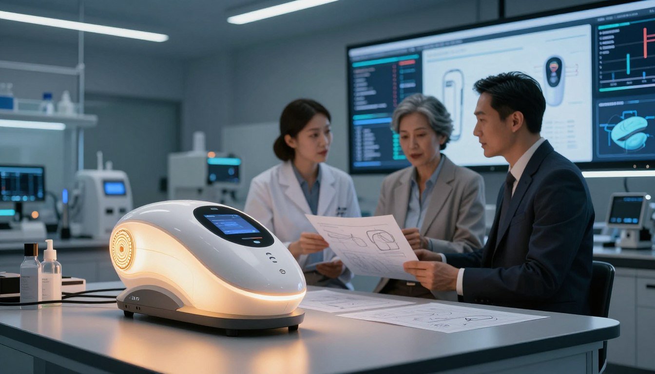 A futuristic laboratory setting displaying innovative technologies related to advanced intimate products. In the foreground, a sleek, high-tech device sits on a polished table, glowing softly under warm lighting, emphasizing its intricate design. In the middle, scientists in professional business attire are engaged in collaboration, discussing blueprints and 3D models of new devices, showcasing a blend of creativity and technology. The background features large screens displaying data and schematics, with ambient light giving a cinematic feel. The overall atmosphere is one of excitement and innovation, highlighting the future trends in intimate technology, captured in a 4:3 aspect ratio.