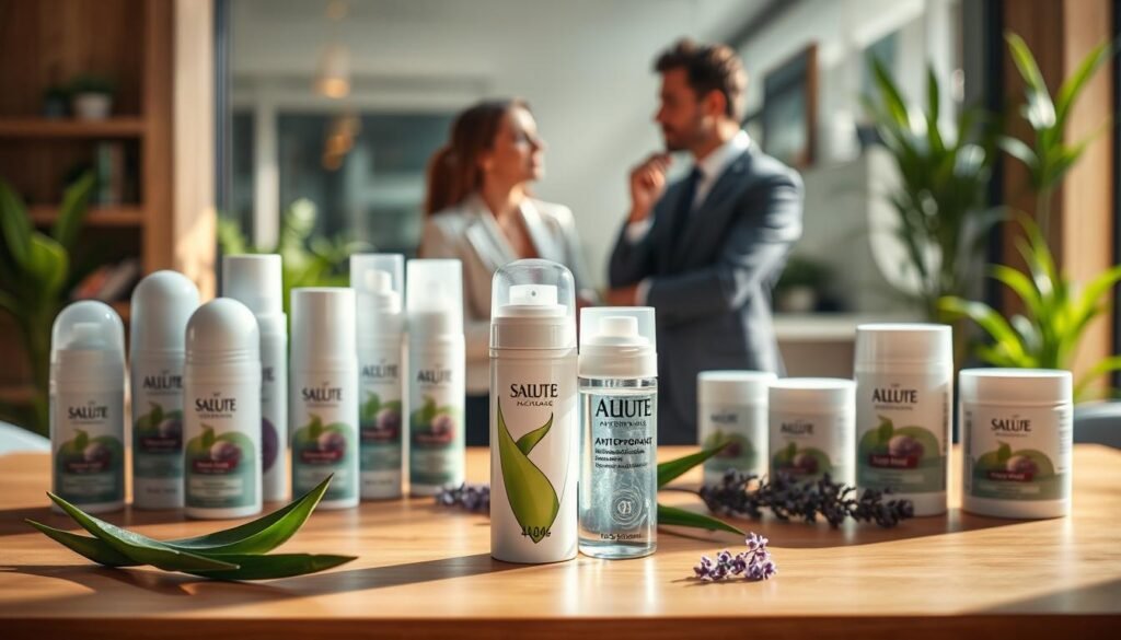 A well-lit, modern product display setup featuring a variety of antiperspirant options, including roll-ons, sprays, and creams, arranged on a sleek wooden table. In the foreground, focus on a stylish, clear antiperspirant container with a unique design, surrounded by natural ingredients like aloe vera leaves and lavender flowers. In the middle ground, include two professional individuals dressed in smart business attire, thoughtfully discussing the different antiperspirant options. The background features a softly blurred lifestyle setting with fresh greenery, conveying a sense of cleanliness and freshness. The lighting should be bright and inviting, casting soft shadows that enhance the product details, creating an overall mood of health and wellness.