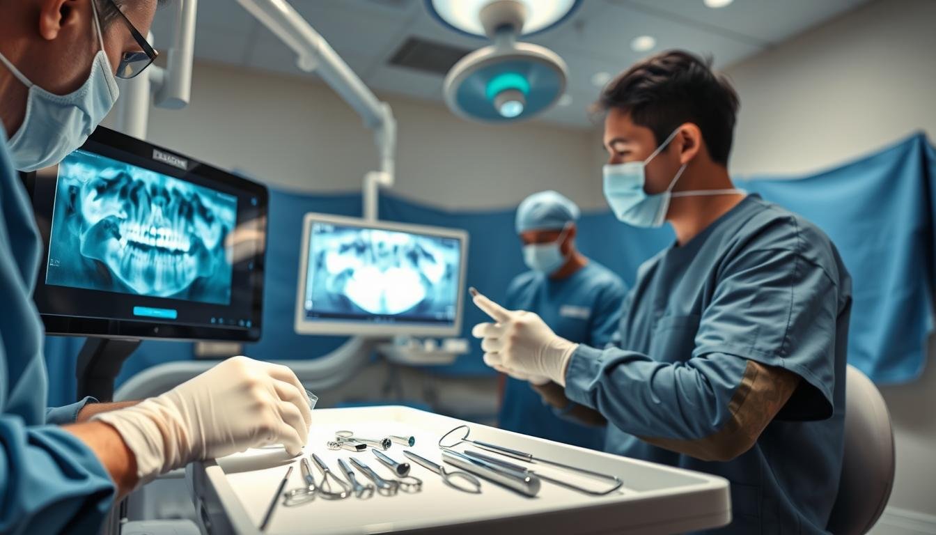 A detailed and sterile dental surgery environment, focusing on the process of wisdom tooth extraction. In the foreground, a dentist in professional attire, wearing gloves and a surgical mask, is carefully examining a patient's x-ray on a digital monitor. The middle ground shows the dentist preparing surgical tools on a sterile tray, while a dental assistant is assisting beside them, also in professional attire. The background features a well-lit dental operatory with bright overhead lights and blue surgical drapes. The atmosphere is focused and clinical, with an emphasis on precision and professionalism. The lighting is bright and evenly distributed, capturing the details of the instruments and the serious nature of the procedure, without any text, captions, or distractions.