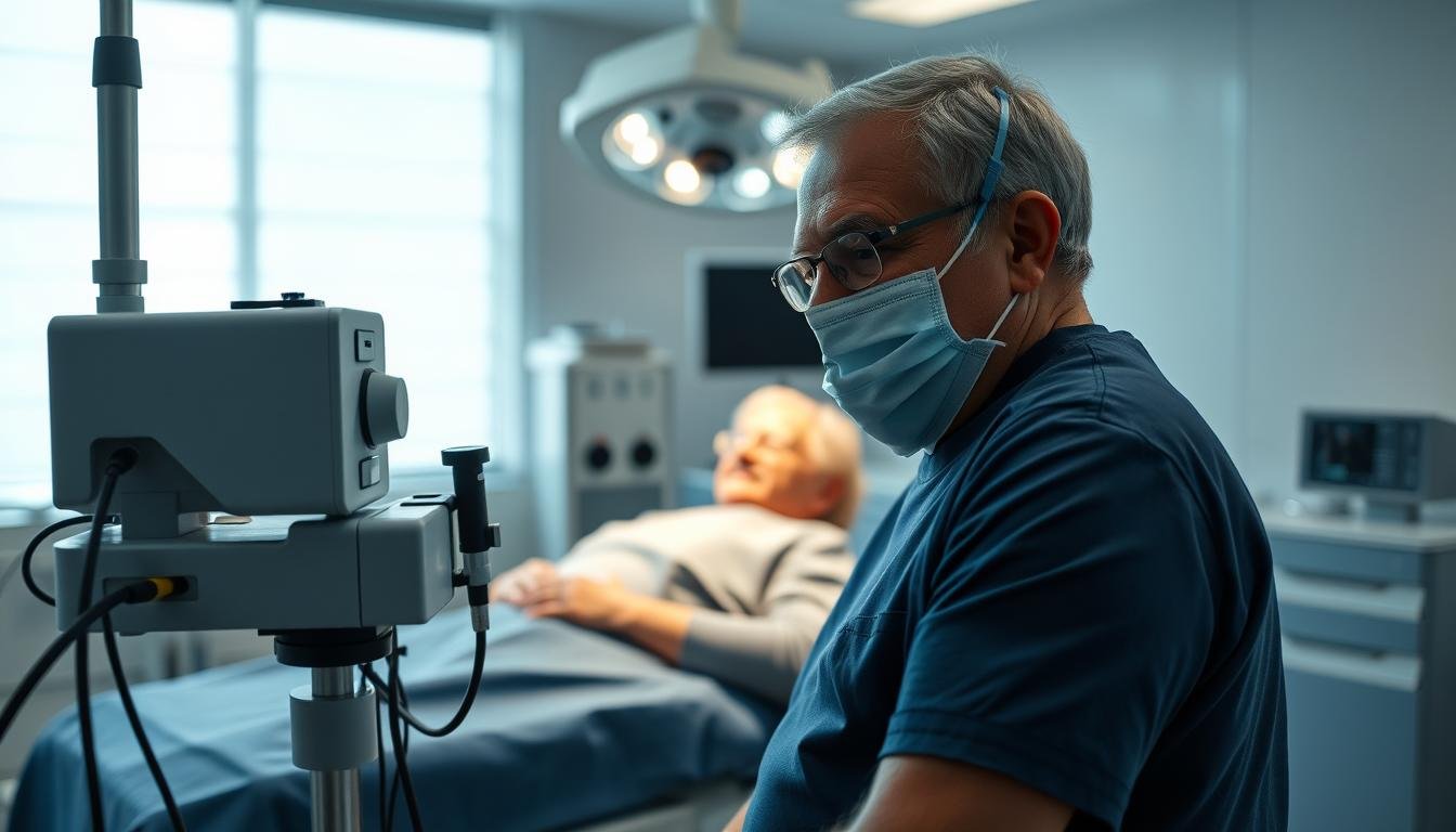 A focused and professional depiction of a cataract ultrasound surgery in a modern clinical environment, highlighting the gentle and precise nature of the minimally invasive techniques used. In the foreground, a dedicated surgeon in scrubs and a surgical mask is performing the procedure with advanced ultrasound equipment, demonstrating skill and care. In the middle ground, a senior patient, comfortably and modestly dressed, is relaxed and well-supported on an operating table, conveying a sense of safety and trust in their healthcare provider. The background features a well-lit operating room, with soft natural and artificial light, reflecting a sterile and calm atmosphere. The overall mood is one of hope and recovery, emphasizing the positive impact of the surgery on the elderly population.