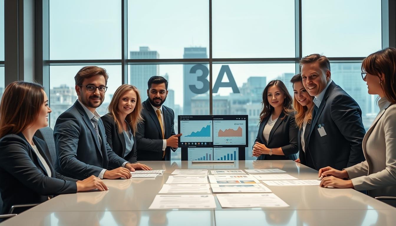 A modern, sleek office setting representing the "3A" entertainment platform. In the foreground, a diverse group of professional individuals dressed in business attire engaged in a serious discussion around a large conference table, highlighting collaboration and compliance. In the middle, visible documents and digital screens showing graphs and data related to anti-money laundering policies and identity verification measures. The background features large windows with a cityscape view, suggesting a global presence. The lighting is bright and professional, casting soft shadows that enhance the focus on the subjects’ expressions. The atmosphere is serious yet optimistic, symbolizing a commitment to transparency and responsibility within the entertainment industry.