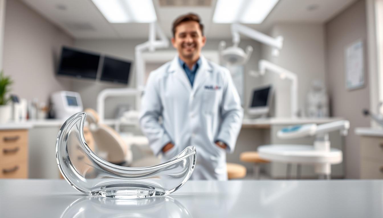 A close-up view of an Invisalign clear aligner, elegantly placed on a soft, blurred dental office background, symbolizing professionalism and innovation in orthodontics. The aligner is slightly angled to showcase its transparency and smooth contours, reflecting soft lighting that enhances its clarity and detail. In the middle ground, a dental professional in a crisp white coat stands confidently, smiling, while gently holding a dental tool, signifying expertise and trust. The background features a modern dental clinic with state-of-the-art equipment and a welcoming atmosphere, bathed in natural light. The overall mood conveys a sense of safety, professionalism, and the importance of choosing a certified Invisalign provider for optimal dental care.