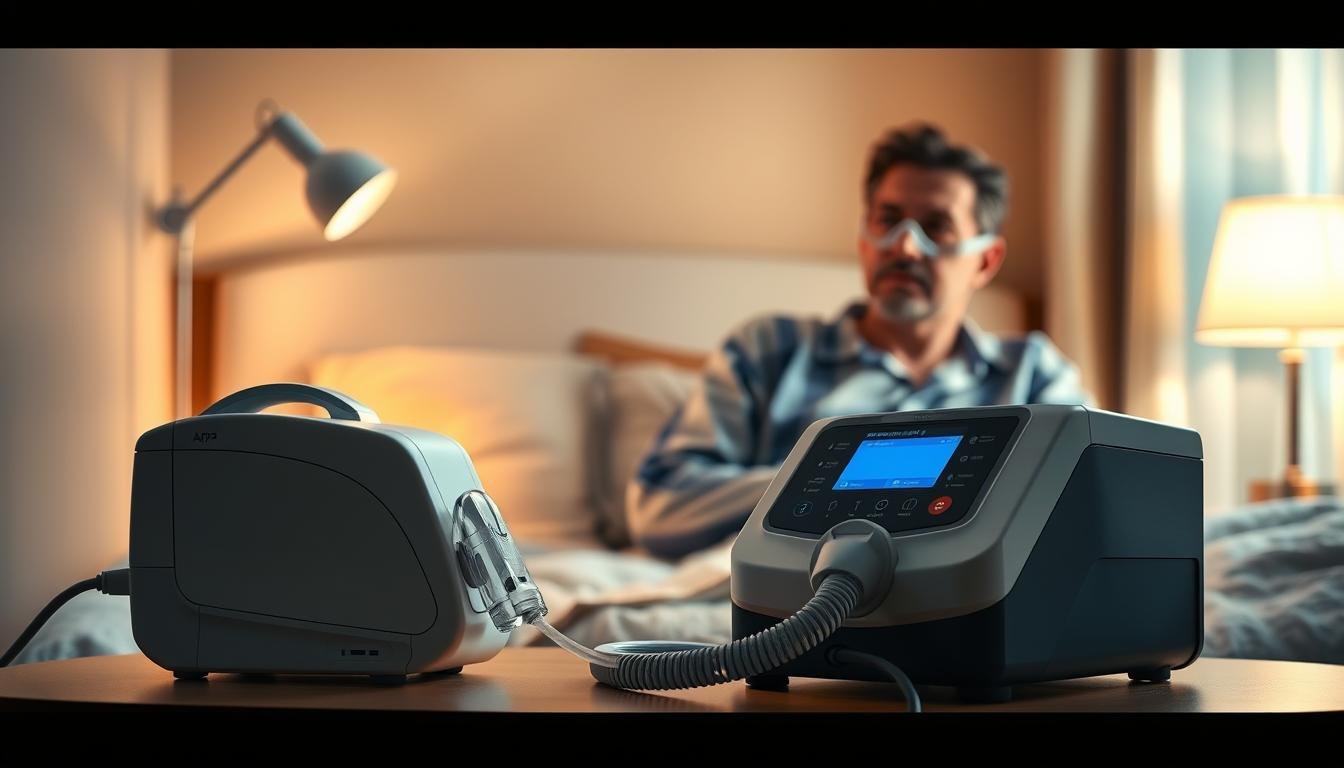 A detailed illustration of potential risks associated with using a sleep apnea machine, portrayed in a clinical setting. In the foreground, a well-designed CPAP machine sits on a bedside table, illuminated by soft, focused lighting. In the middle ground, a concerned patient is depicted, dressed in professional sleepwear, looking at the device with a thoughtful expression, highlighting the emotional aspect of concern for safety. In the background, a cozy bedroom environment features soothing colors, with gentle shadows cast by a bedside lamp, creating a calm yet slightly tense atmosphere. Crystal-clear focus with a slight depth of field draws attention to the machine while softly blurring the background, emphasizing the potential risks of improper use.