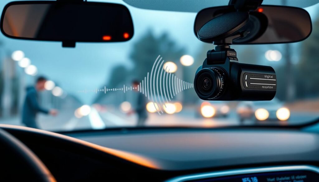 A focused close-up of a car’s dashboard showing a high-tech dashcam equipped with a microphone, capturing audio. The foreground features the sleek design of the dashcam with detailed buttons and LED indicators. In the middle, a faint sound wave graphic represents the digital noise reduction feature visually. The background reveals a view through the car's windshield, where an animated scene depicts two people outside having an argument, while the car interior has soft, ambient lighting that highlights the dashcam. The setting conveys a sense of modern technology and security, emphasizing the importance of audio recording in capturing crucial moments on the road. The atmosphere is serious yet insightful, demonstrating the functionality of the device in a real-world context.