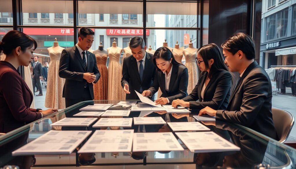 A professional finance meeting taking place in a Taipei formal wear boutique. In the foreground, a diverse group of business professionals, dressed in sleek business attire, are intensely discussing financial documents spread across an elegant glass table. The middle ground features a beautifully arranged selection of formal dresses displayed on mannequins, showcasing the boutique's offerings. Soft, warm lighting illuminates the scene, creating an inviting atmosphere while highlighting details of textured fabrics. In the background, large windows reveal a bustling street view of Taipei, suggesting the location’s prominence. The angle captures both the intricate details of the boutique and the focused expressions of the professionals, emphasizing the intersection of fashion and finance with a sense of urgency and seriousness.