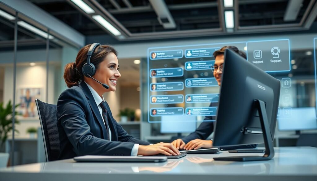 A professional help desk scene representing "3A Entertainment Customer Support". In the foreground, a friendly customer support agent, dressed in smart business attire, is sitting at a modern desk with dual monitors displaying colorful customer inquiries. The agent is attentively engaged in assisting a customer over a headset, showcasing a warm and approachable demeanor. In the middle ground, a digital interface lights up with chat responses and support icons, emphasizing efficiency and technology. The background features a sleek, contemporary office environment with soft lighting to create a welcoming atmosphere. The overall mood is informative and customer-focused, reflecting the prompt nature of online support.