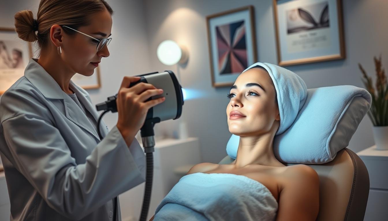A serene and professional medical aesthetic clinic environment, featuring a modern laser treatment device designed for spot removal. In the foreground, a skilled aesthetician in a white lab coat carefully adjusts the equipment, demonstrating a laser beam targeted at a model's face, showcasing a gentle and precise approach. The model, with an expression of calm, is sitting comfortably in a treatment chair, draped with a clean white towel, her skin displaying the effects of prior treatment with a slight glow. The background includes soft, diffused lighting, enhancing the tranquil ambiance, with medical certificates and soothing artwork on the walls. The overall mood is one of professionalism, confidence, and healing, perfect for illustrating the principles of laser spot removal therapy.