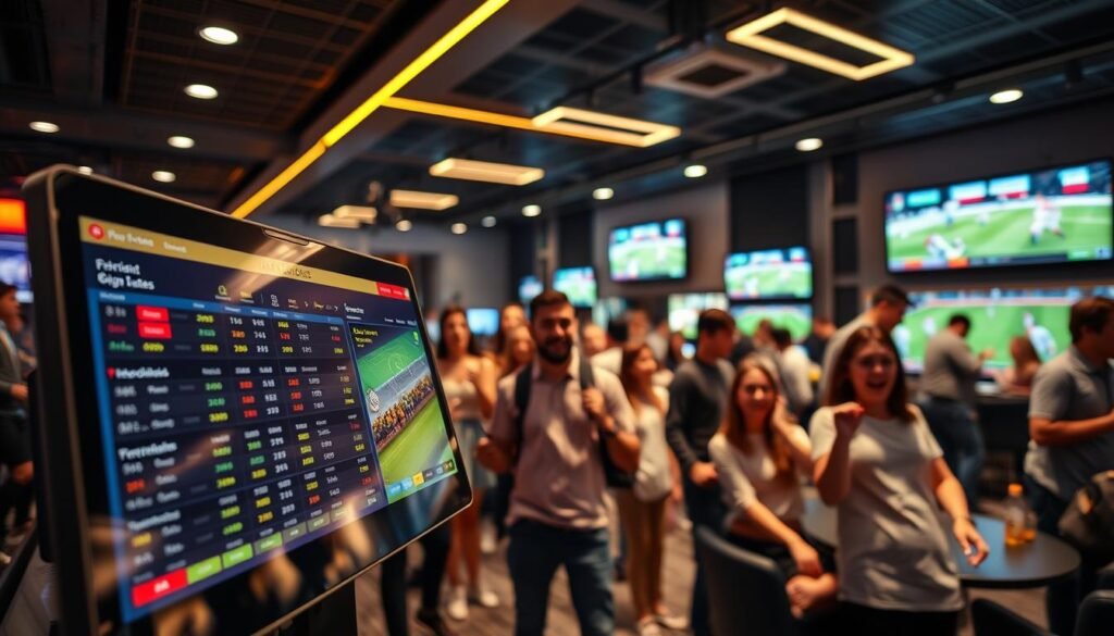 An inviting and modern sports betting environment showcasing UG Entertainment with a focus on international soccer events. In the foreground, depict a sleek digital interface displaying vibrant betting odds and live match updates, radiating a user-friendly, intuitive design. The middle ground features diverse groups of enthusiastic sports fans dressed in casual attire, celebrating and discussing soccer strategies, adding a sense of excitement. The background portrays a contemporary betting lounge with large screens showing soccer matches, illuminated by dynamic lighting that enhances the energetic atmosphere. Use a wide-angle lens effect to create depth, capturing the lively ambiance and engagement of the sports community, emphasizing the convenience and user-friendliness of UG Entertainment's dynamic betting system.