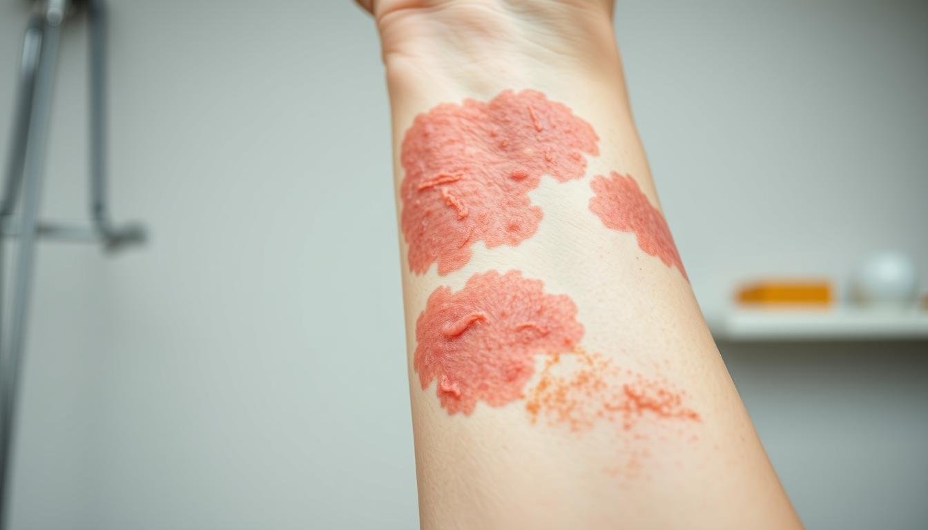 Close-up view of a human forearm displaying the symptoms of eczema, featuring red, inflamed patches of skin with noticeable dryness and irritation. The skin texture is detailed, highlighting rough patches and scratches indicative of itching. Use soft, natural lighting to emphasize the skin's texture while maintaining a neutral background that suggests a clinical setting, such as a doctor's office. Capture the image at a slight angle to draw attention to the affected area while avoiding any human face or identity. The atmosphere should feel informative and clinical, providing a visual understanding of eczema symptoms clearly and respectfully.