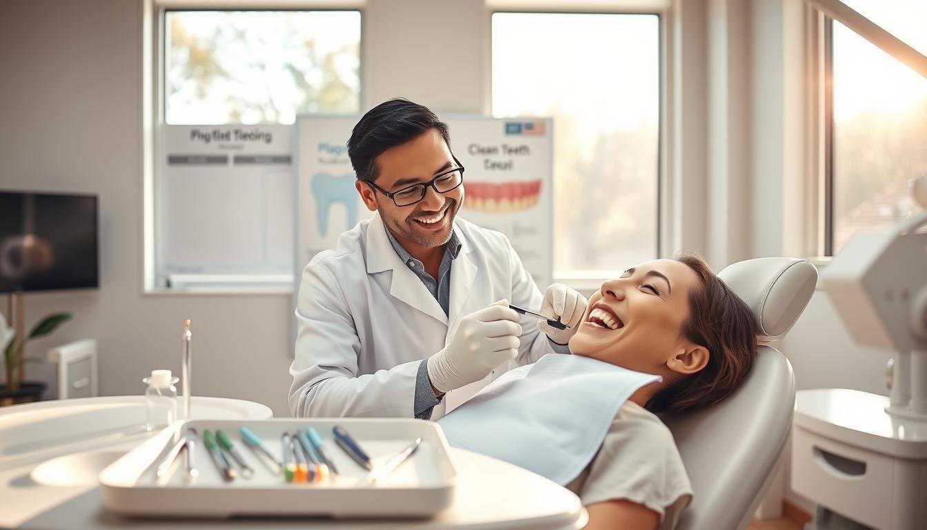A bright and inviting dental clinic scene depicting the importance of regular teeth cleaning. In the foreground, a smiling dentist in a clean white lab coat and gloves gently performs a teeth cleaning on a relaxed patient seated in a dental chair, wearing a bib. The patient appears relieved and content, emphasizing the benefits of regular dental care. In the middle ground, dental tools are neatly arranged on a tray, and a large poster on the wall illustrates the stages of plaque buildup versus clean teeth. The background features large windows with natural light pouring in, creating a fresh and hygienic atmosphere. Use soft, warm lighting to convey a sense of comfort and care, captured from a slightly elevated angle to encompass both the dentist and the overall clinic environment.