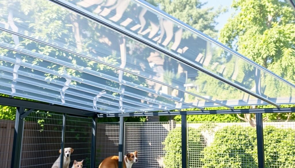 A detailed image of solid polycarbonate roofing overhead, showcasing a bright and sunny outdoor environment. In the foreground, a beautifully constructed pet enclosure made of clear, flat polycarbonate sheets, emphasizing transparency and strength. In the middle, various animals like dogs and cats comfortably resting or playing inside, illustrating the enclosure's suitability for pet housing. In the background, a lush garden with shadows of trees gently filtering sunlight through the polycarbonate, creating an inviting, warm atmosphere. The scene should be captured with a wide-angle lens, highlighting the clarity and durability of the roofing material, while soft, natural lighting enhances the overall serene and safe mood of the space.