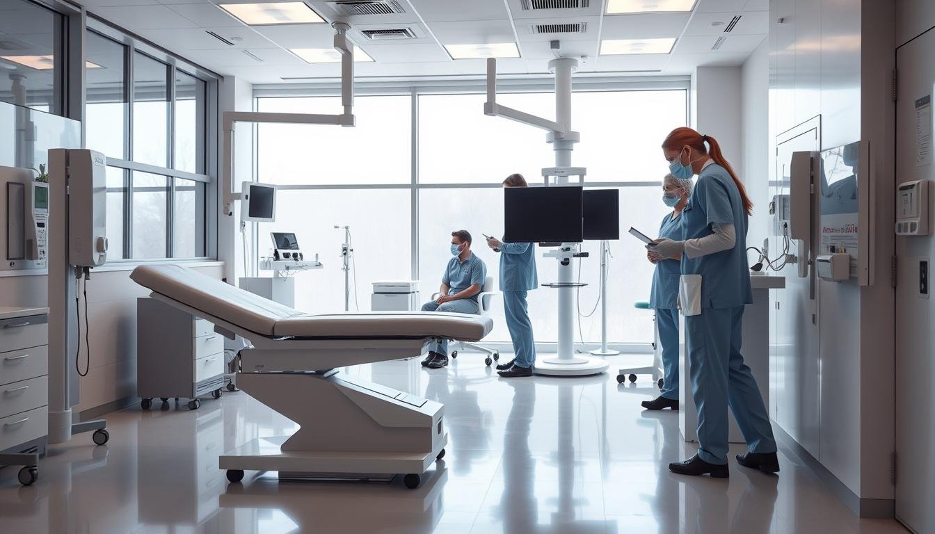 A modern outpatient healthcare facility designed for infection control, showcasing advanced medical equipment. In the foreground, a sleek, high-tech examination room featuring sanitized surfaces, a comfortable examination bed, and protective barriers. In the middle ground, medical staff in professional attire, including a nurse wearing gloves and a mask, are attending to a patient seated in a treatment area, emphasizing a sterile environment. The background reveals large windows allowing natural light to flood the room, complemented by soft, clinical lighting to enhance visibility. The overall atmosphere is calm and reassuring, promoting a sense of safety and efficiency in a state-of-the-art facility. The architecture is clean and minimalist, reinforcing the theme of advanced medical care.