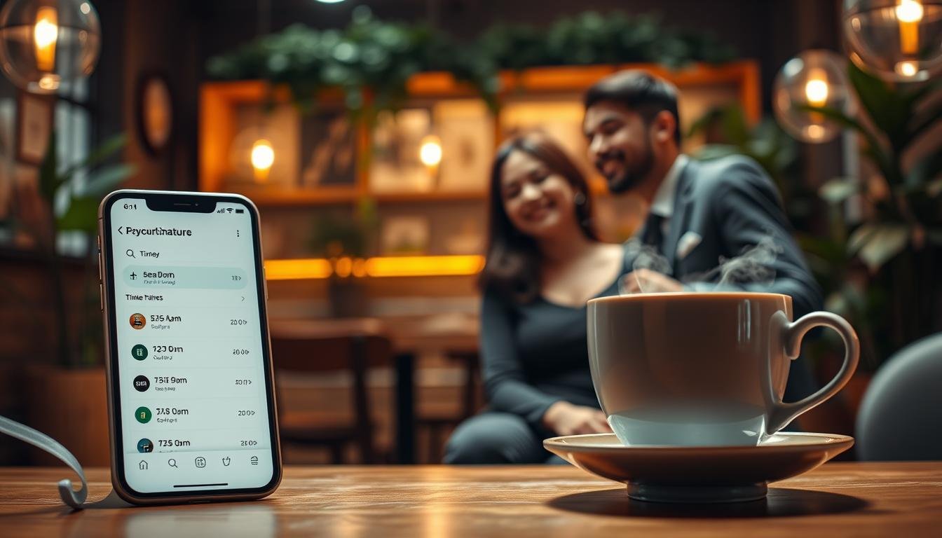 A serene and inviting scene depicting the efficient booking process for Taichung's appointment-based tea service. In the foreground, a sleek, modern smartphone displays a user-friendly app interface showcasing available time slots, with a cup of steaming tea beside it. The middle ground features a cozy tea shop interior, warm lighting creating an intimate atmosphere, with soft wood furnishings and greenery adds a calming touch. In the background, a couple in professional attire happily discusses their plans, radiating relaxation and satisfaction. The image should capture a cozy yet efficient vibe, with a cinematic feel, framed in a 4:3 aspect ratio. Emphasize warm tones and gentle shadows to enhance the mood.