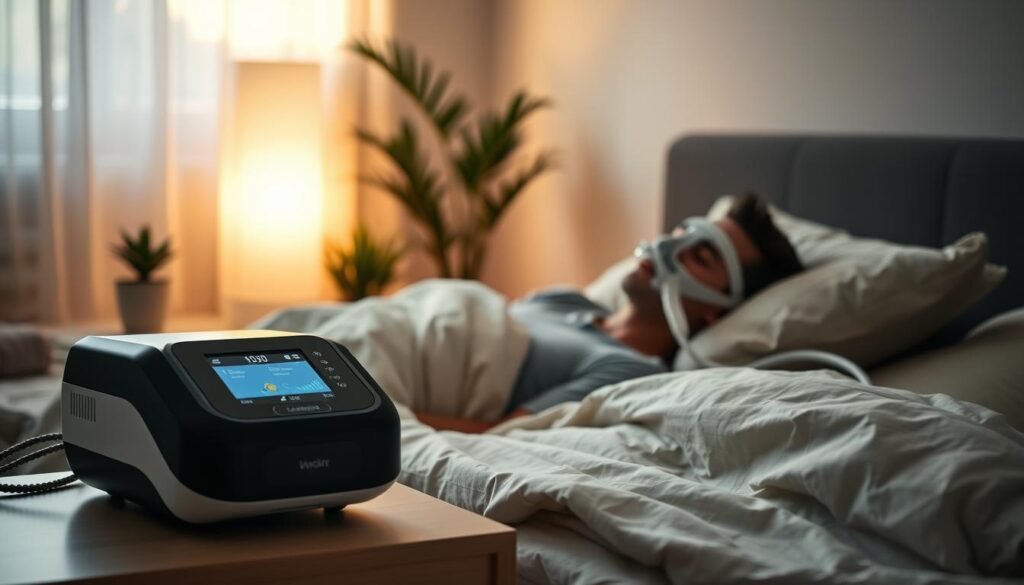 A serene bedroom setting showcasing a modern sleep apnea machine on a bedside table. In the foreground, a comfortably dressed adult, lying peacefully in bed, wearing a sleep mask and connected to the machine with unobtrusive tubing. The bed is neatly arranged with soft, neutral-colored linens, enhancing the calm atmosphere. In the middle ground, a soothing ambient light emits from a nearby lamp, casting a warm glow across the room, promoting a sense of tranquility. In the background, soft shadows from a window drape add depth, while a few potted plants suggest a calming environment. The overall mood is peaceful and restorative, capturing the essence of how sleep therapy devices can improve sleep quality.