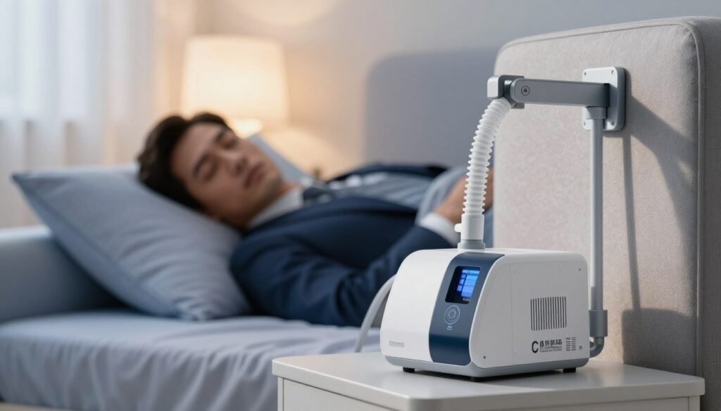A sleek, modern sleep apnea machine setup in a softly lit bedroom. In the foreground, a high-quality CPAP machine with a flexible tube elegantly suspended by a well-designed mounting bracket, showcasing its functionality and ergonomic benefits. The bracket is stylishly attached to a headboard, making it easy for a user to sleep without tangling or pulling on the tubing. In the middle ground, a peaceful sleeping person in modest sleepwear, positioned comfortably against plush pillows, exuding a serene atmosphere of restful sleep. The background features gentle, warm light filtering through sheer curtains, creating a calming ambiance. Focus on smooth textures and a soothing color palette of soft blues and whites, emphasizing the enhancement of the sleep experience through this innovative support system.