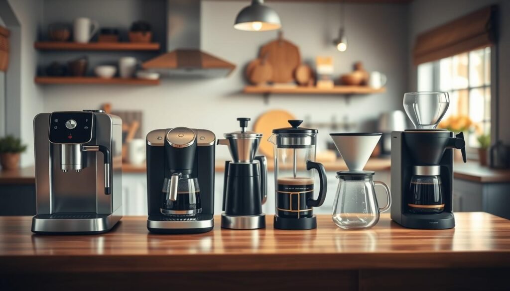 A well-organized display of various types of coffee machines, showcasing a modern automatic espresso machine, a classic drip coffee maker, a sleek French press, and a portable pour-over setup. The foreground features a polished wooden tabletop with the machines artfully arranged, highlighting their unique designs and functionality. In the middle ground, soft ambient lighting creates a warm, inviting atmosphere, while the background blends into a blurred kitchen setting, adorned with coffee-related decor like beans, mugs, and a cozy window with natural light streaming in. The scene conveys a sense of elegance and innovation in coffee-making, perfect for illustrating the diversity of coffee machines.