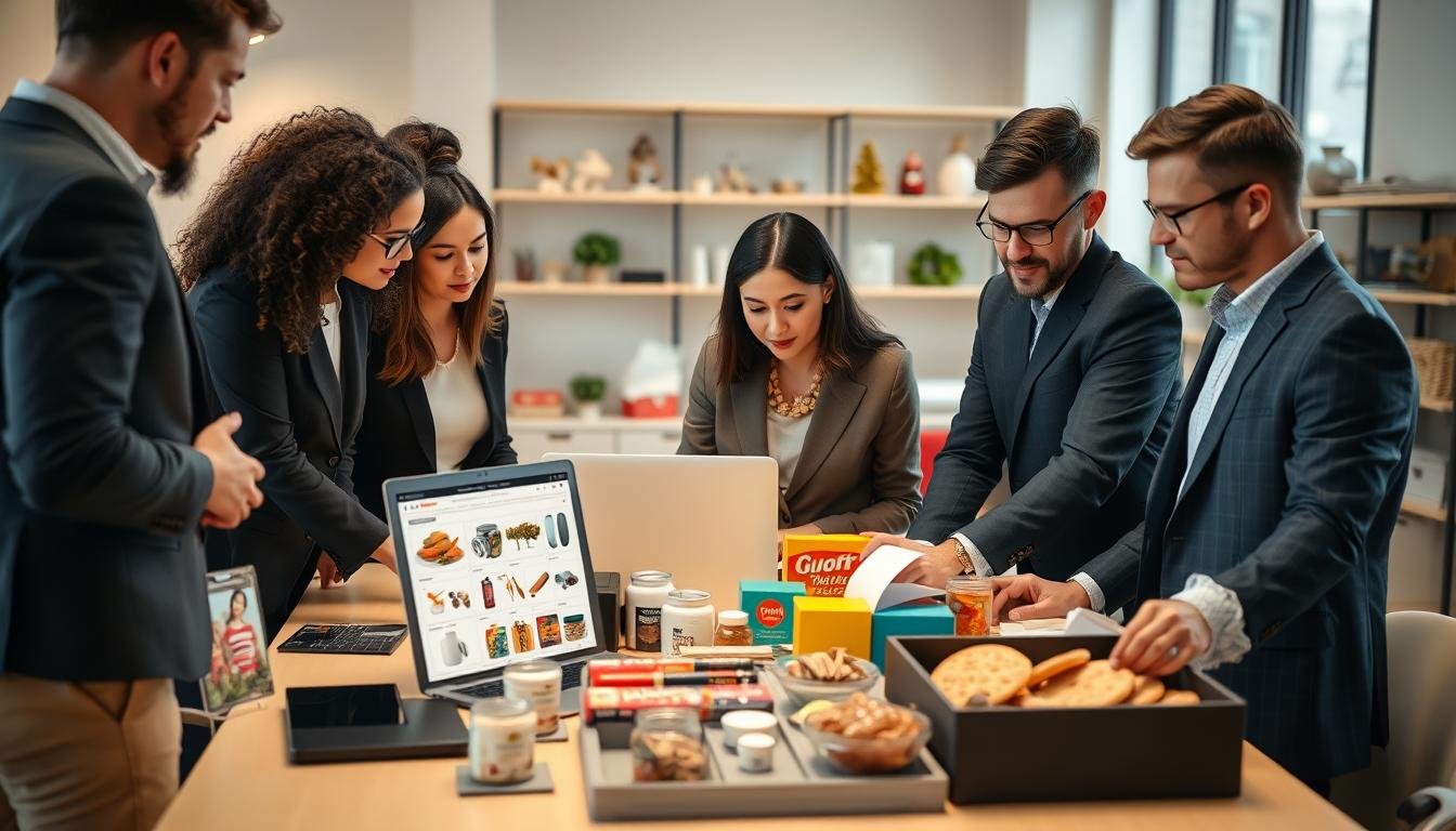 A professional setting showcasing a diverse group of people evaluating American purchasing recommendations for Thanksgiving shopping. In the foreground, a woman in smart business attire is discussing options with a man in a suit, both focused on a laptop displaying various product selections. In the middle, there are colorful product samples like tech gadgets, home decor, and gourmet foods stylishly arranged on a modern table. The background features a softly lit office space with shelves displaying holiday-themed decorations. The atmosphere is warm and collaborative, emphasizing thoughtful decision-making, with soft, natural lighting from large windows. Capture this scene with a slight overhead angle to highlight the dynamic interaction and the vibrant array of products.