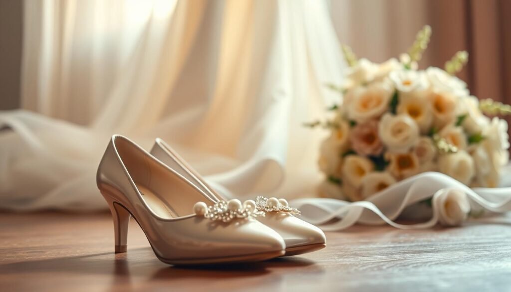 A beautifully arranged scene featuring a pair of elegant, affordable wedding shoes alongside a stunning wedding dress. In the foreground, the shoes are delicately adorned with pearl and lace details, reflecting soft, romantic light. The middle ground includes a lovely wedding gown made of flowing, sheer fabric, elegantly draping to create a graceful silhouette. The background consists of a softly blurred floral arrangement, enhancing the overall atmosphere with gentle hues of pastels. The lighting is warm and inviting, casting a dreamy glow on the scene. The angle captures both the shoes and the dress in a harmonious composition, emphasizing the importance of style coordination for a budget wedding. The mood is serene and enchanting, perfect for a wedding theme.