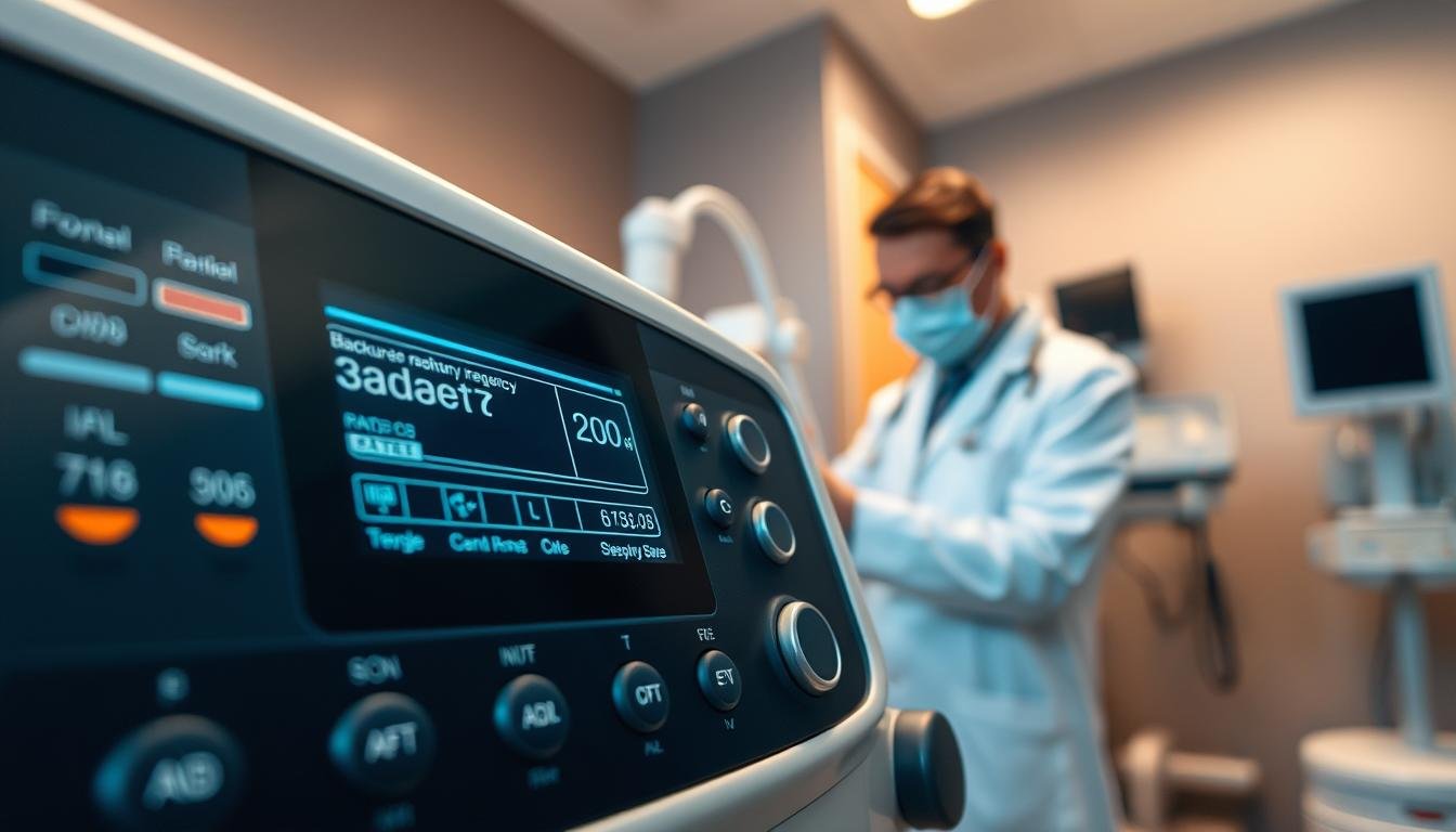 A detailed close-up of a sleep apnea machine, prominently featuring the backup respiratory frequency display. The foreground includes sleek buttons and illuminated settings, showcasing advanced technology and a user-friendly interface. In the middle, a professional healthcare provider in a lab coat conducts a precision check on the machine, highlighting a clinical environment. The background should feature a softly lit, sterile medical room with muted walls and equipment, conveying a sense of professionalism and care. The lighting is warm yet clinical, focusing on the machine while softening the surroundings. The overall mood should be calm and reassuring, emphasizing the importance of compliance with clinical technical standards.