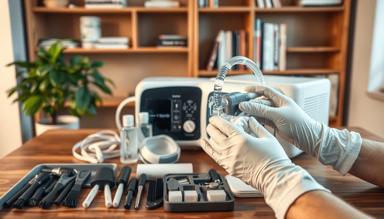A well-organized workspace featuring a sleep apnea machine prominently displayed on a desk. The machine is sleek and modern, with visible tubing and a comfortable mask beside it. In the foreground, a pair of hands wearing gloves gently clean the machine, using a soft cloth and a bottle of cleaning solution. The middle ground includes a neatly arranged kit of maintenance tools, such as brushes and filters, slightly blurred to keep the focus on the cleaning process. In the background, there are shelves with health-related books and a plant, creating a calm and professional atmosphere. The lighting is soft and warm, suggesting a cozy and informative environment. The angle is slightly above eye level, offering a comprehensive view of the cleaning scene.